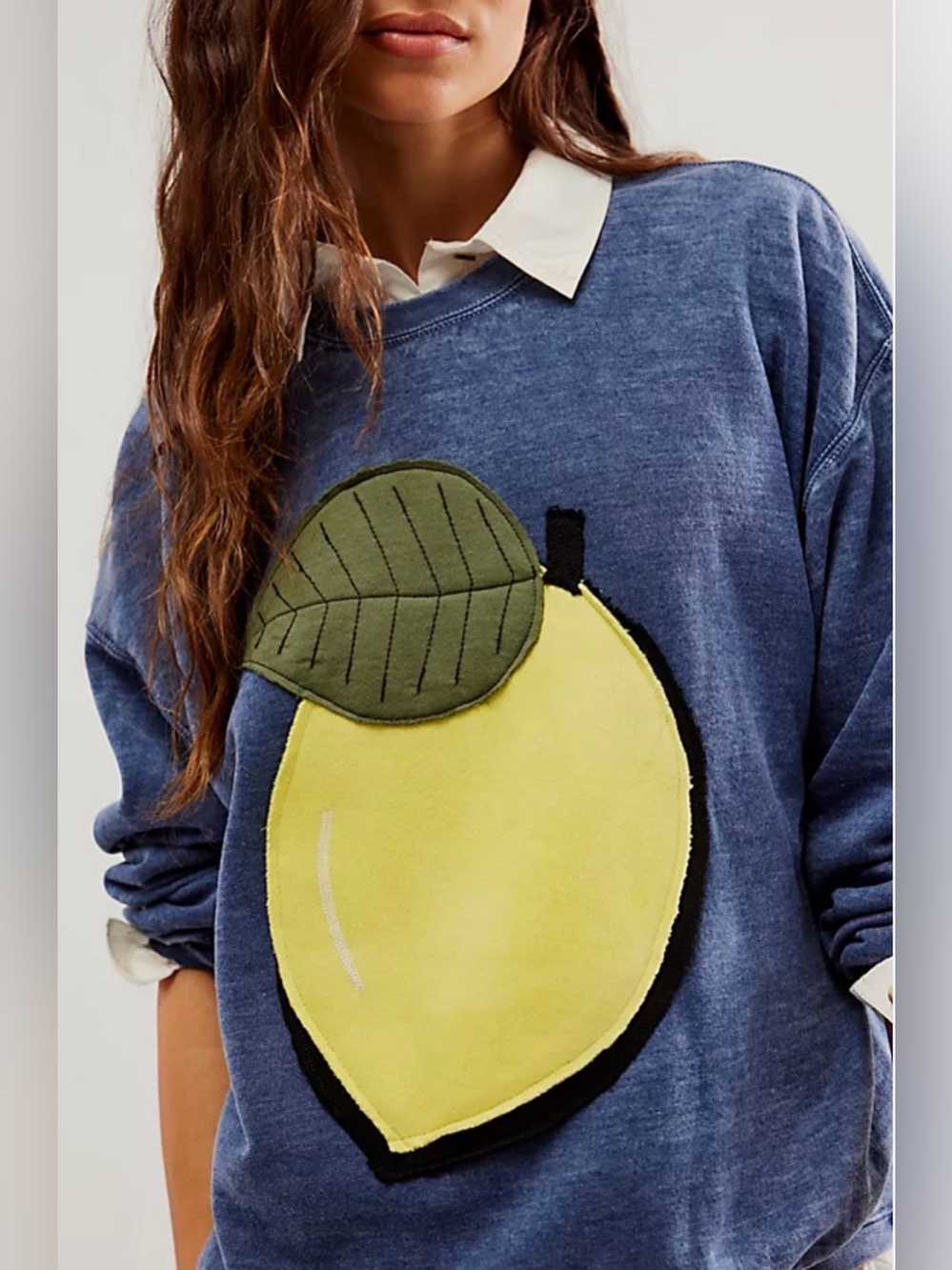 NWT $168 Free People x Tricia Fix Sweatshirt Fruit Lemon USA Size Large Blue